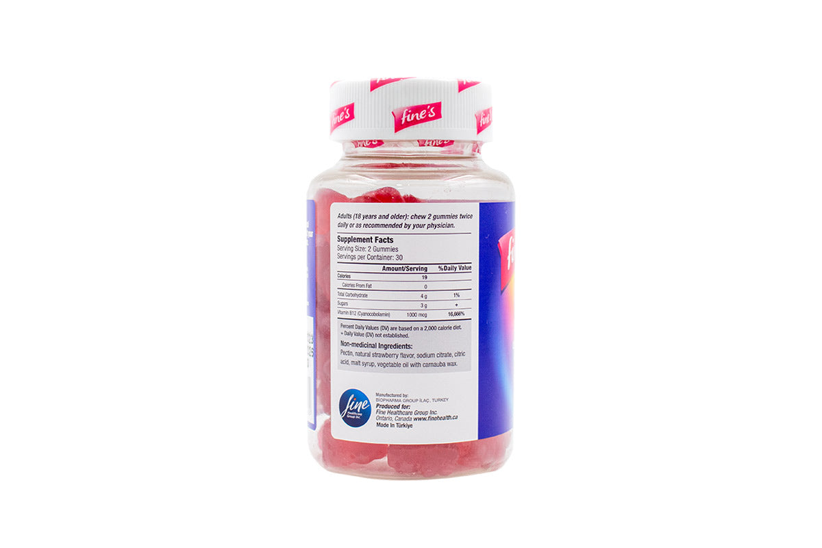 Fine B12 Gummies for Adults, Delicious Chewable Vitamin B12 Supplement to Support Energy and Reduce Tiredness, Great for Vegetarians and Vegans, Easy Daily Gummies Instead of Tablets