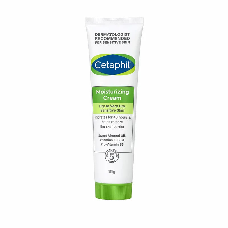 Two bottles of Cetaphil Moisturizing Cream 100g on a white background – suitable for face and body use.