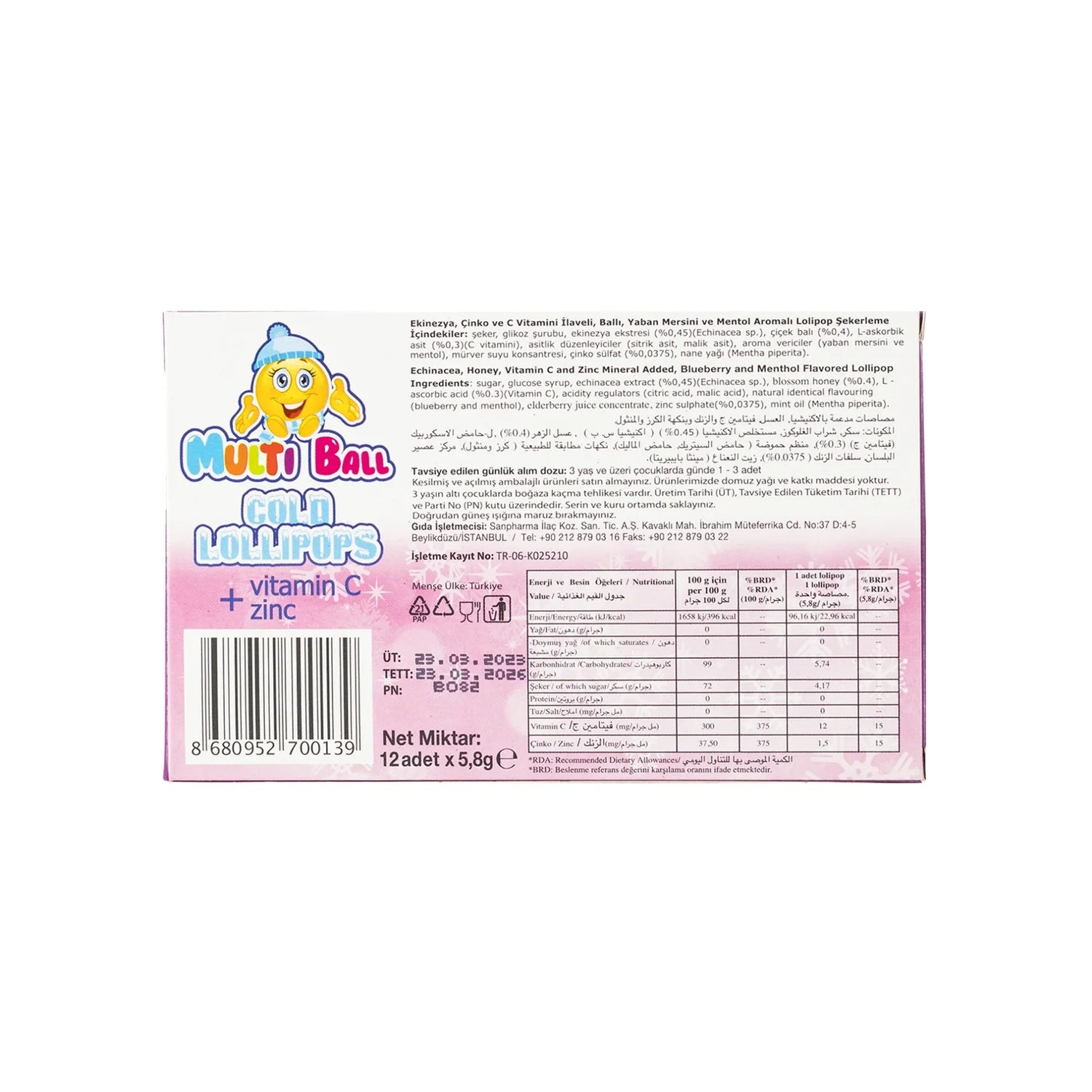 Multiball Cold Echinacea + Vitamin C Zinc Bluberry Flavored 12 Lollipop